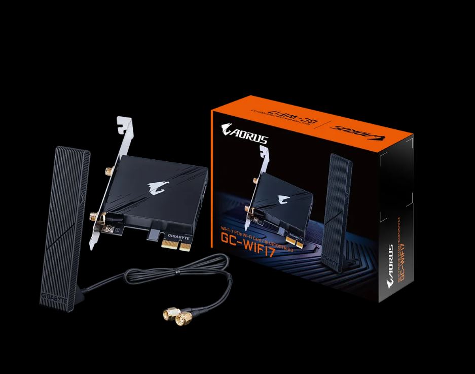 Gigabyte GC-WIFI7 Motherboard, Wi-Fi 7, up to 5800Mbps, up to 320MHz bandwidth support across the 2.4GHz, 5GHz, and 6GHz bands, 2Tx2R antenna, PCIe x1 Gigabyte GC-WIFI7 Motherboard, Wi-Fi 7, up to 5800Mbps, up to 320MHz bandwidth support across the 2.4GHz, 5GHz, and 6GHz bands, 2Tx2R antenna, PCIe x1
